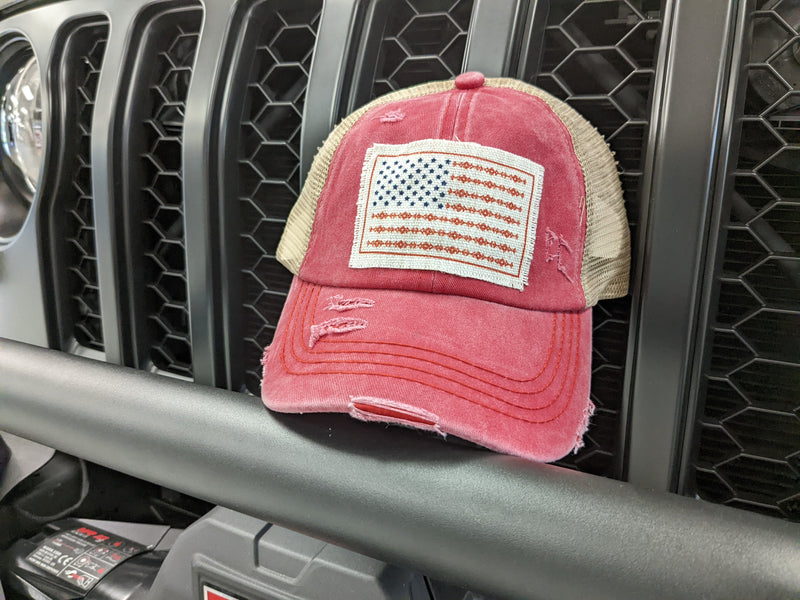 Women's Ponytail Jeep Hats (Peace Love Jeep, Adventure, American Flag)