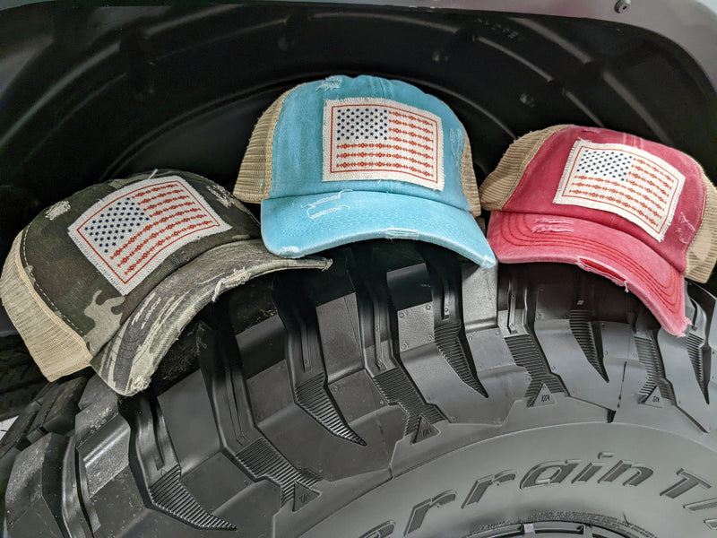 Women's Ponytail Jeep Hats (Peace Love Jeep, Adventure, American Flag)